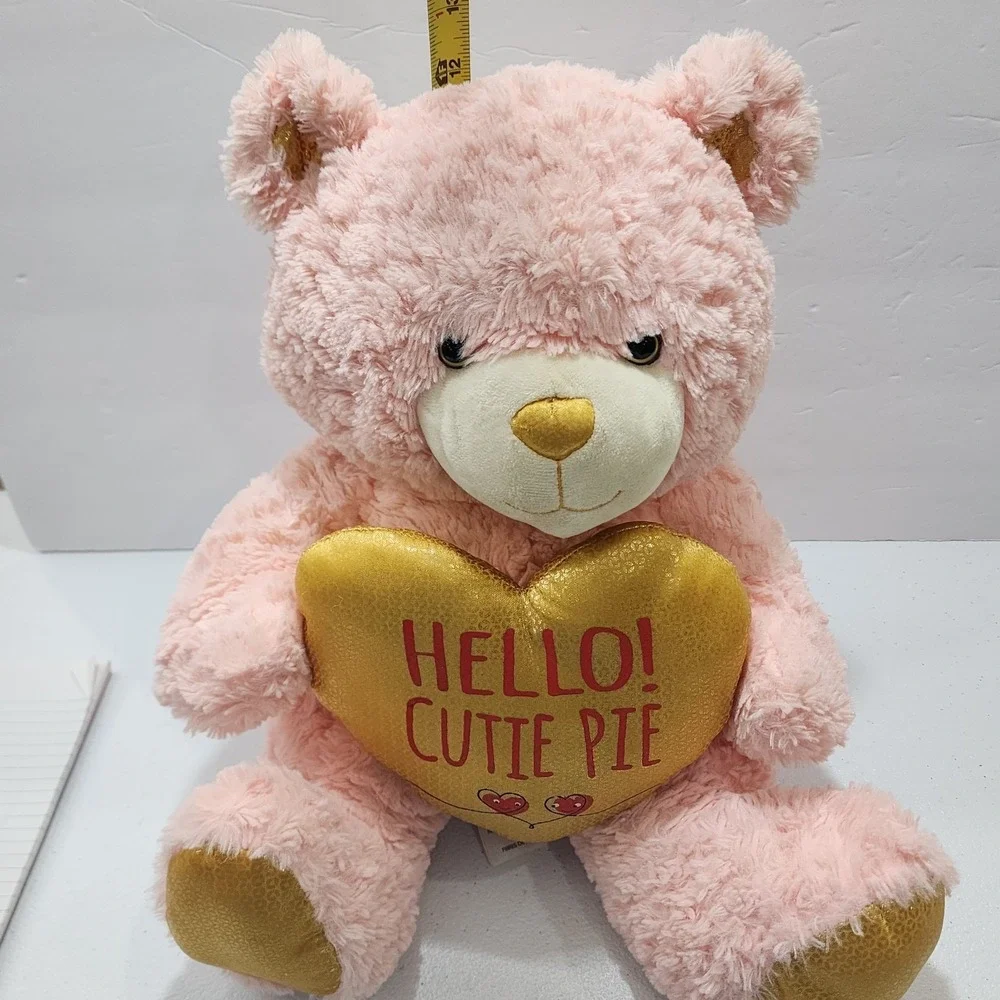 Animal Adventures Valentine Plush Hello Cutie Pie Pink Bear Gold Heart 12'